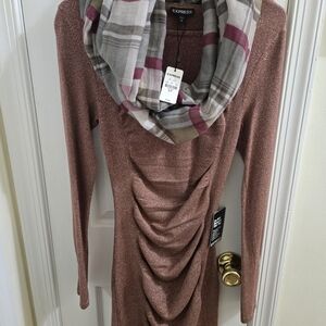 Express Women's Shimmering Rose Sweater with Plaid Cowl